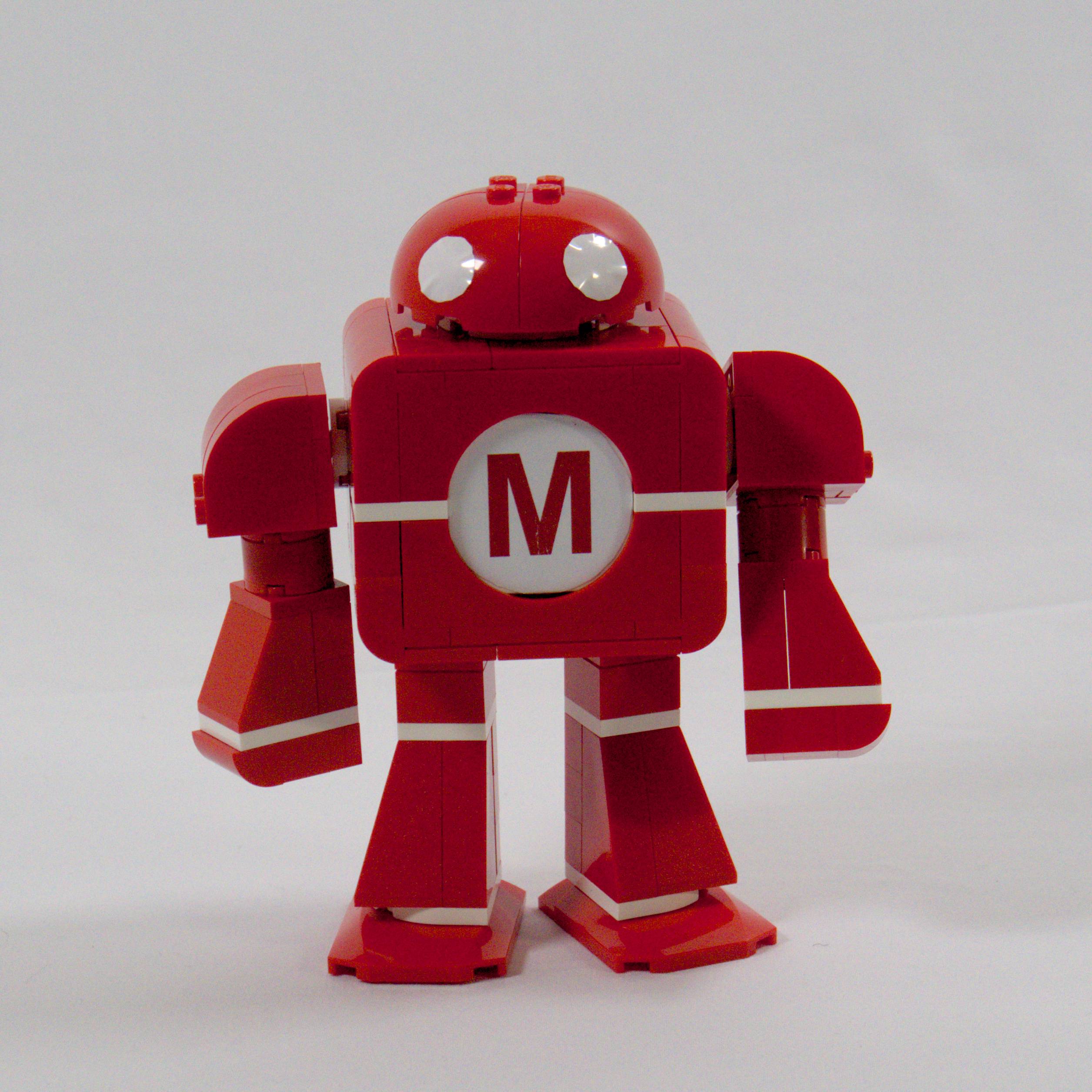 LEGO model of Makey, the robot mascot of Make Magazine and Maker Faire
